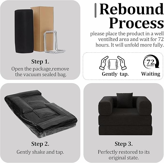 BSHOMGI Folding Sofa Bed, 2 in 1 Convertible Sofas Lounger Comfy Single Chair Teddy Fabric Compressed Couch,Boneless FoldingSleeper for Living Room, Guest Bed, Playroom (Black, 35.43" Single Sofa)