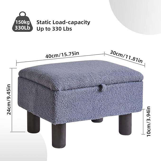 Foot Rest for Couch, Foot Stool Ottoman with Wood Legs, Teddy Velvet Ottoman with Storage 16x12x9.5inch Flip Top Small Stool for Living Room Dorm Teddy Gray YD-JD136G