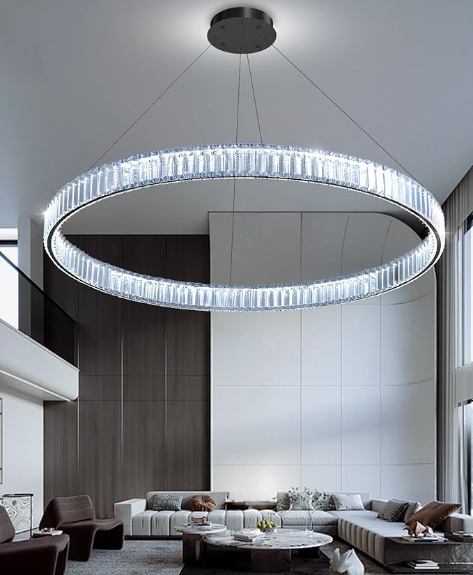 40'' Modern Ring Chandelier Crystal Chandeliers for Dining Room Round LED Dimmable Ceiling Light Fixture for Living Room Bedroom Lighting Black
