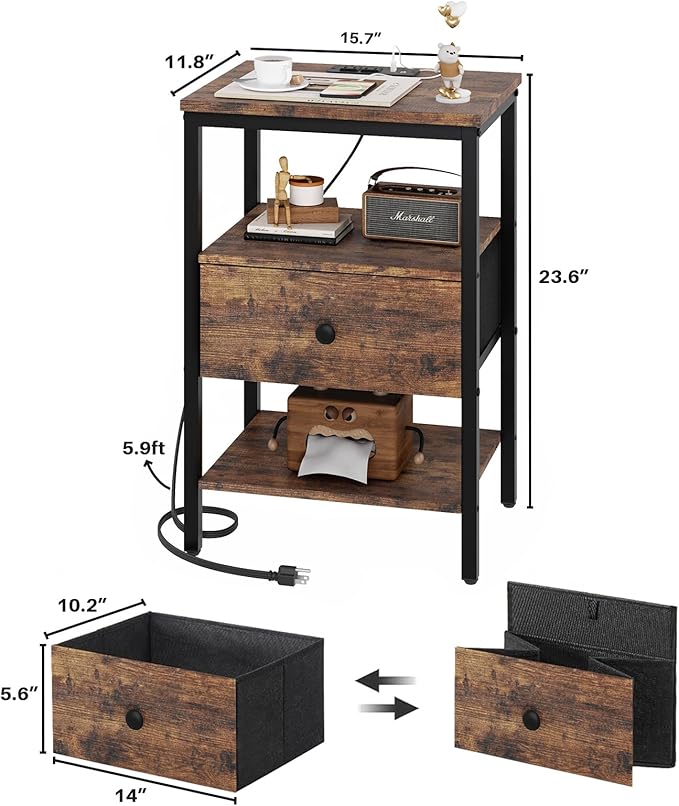Night Stand with Charging Station, Nightstand with Adjustable Drawer & Shelf, Small Nightstands for Bedroom, Fabric Drawer with MDF Front, 5.9ft Power Cord - Vintage Brown, NTF1D