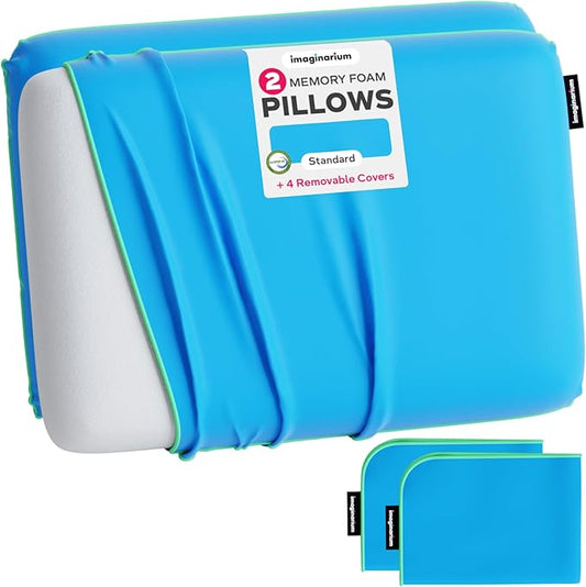 Imaginarium 2 Pack Memory Foam Pillows for Bed – 16" x 24" Standard – Fun Decorative Colorful Pillow for Sleeping – Back, Stomach & Side Sleepers – Includes 2 Extra Cooling Covers (Cosmic Blue)