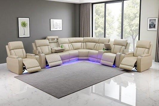 A Ainehome Reclining Sectional Sofa Set with USB Chargers, Leather Living Room Set, L Shaped Recliner Couch with 4 Recliner Seats/Storage Console for Living Room/Office/Home Theather(C-Beige)