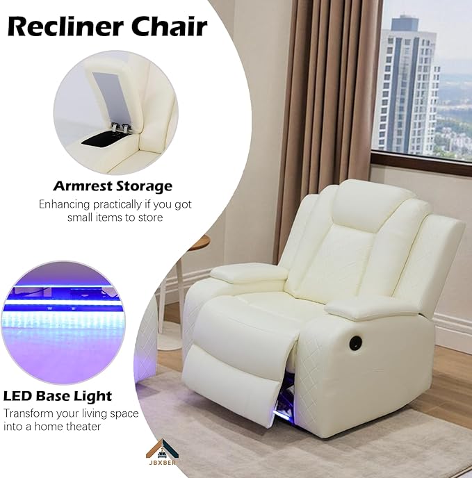 Power Recliner Sofa Set for Living Room, Leather Reclining Sofa Sets with Storage Console, Living Room Furniture Sets with LED Lights(Sofa, loveseat and Chair,Creamy)