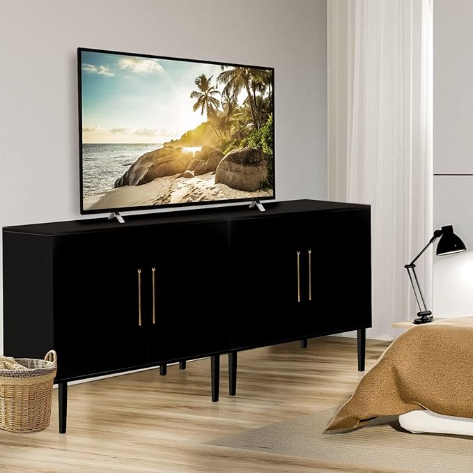 Set of 2 Storage Cabinet with Doors, Modern Black Accent Cabinet, Free Standing Cabinet, Wooden Buffet Sideboards for Living Room, Kitchen, Home Office
