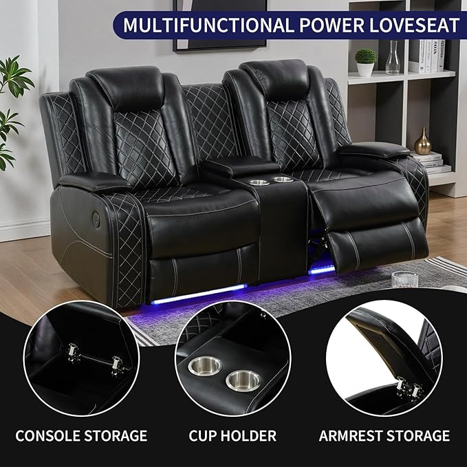 Power Recliner Sofa Set for Living Room, Leather Power Reclining Sofa Sets with LED Lights, Console Storage, Recliner Couch with USB Port(Sofa, Loveseat and Chair,Black)