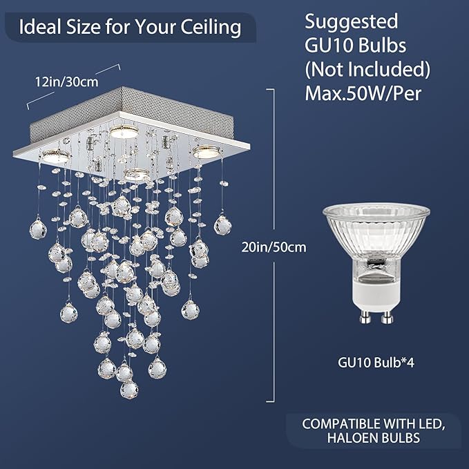 Bestier Chrome Modern Crystal Square Raindrop Chandelier Lighting Flush Mount LED Ceiling Light Fixture Pendant Lamp for Dining Room Bathroom Bedroom Livingroom 4 GU10 Bulbs Required 12" Wide 20" High