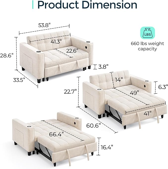 LINSY Sleeper Sofa Bed, 54" Pull Out Couch with Charging Station & Cup Holder, Small 3 in 1 Convertible Loveseat Sleeper Couch for Apartment, Dorm Room, Bedroom and Small Space, Chenille Beige