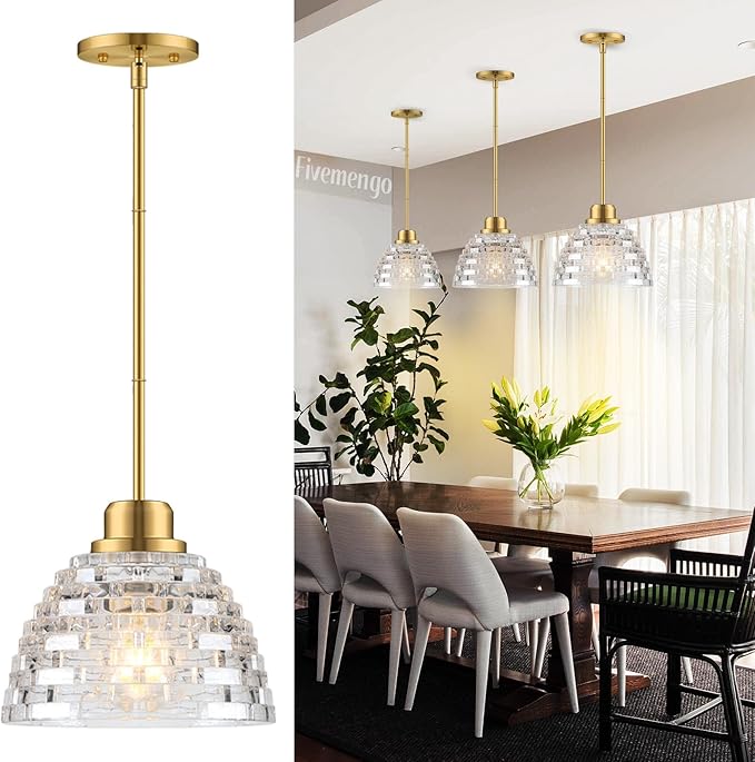 3 Pack Glass Pendant Lights Kitchen Island 8.7 Inches Modern Gold Glass Pendant Light Fixtures Brass Hanging Lighting for Kitchen Over Sink Dining Room Bedroom E26