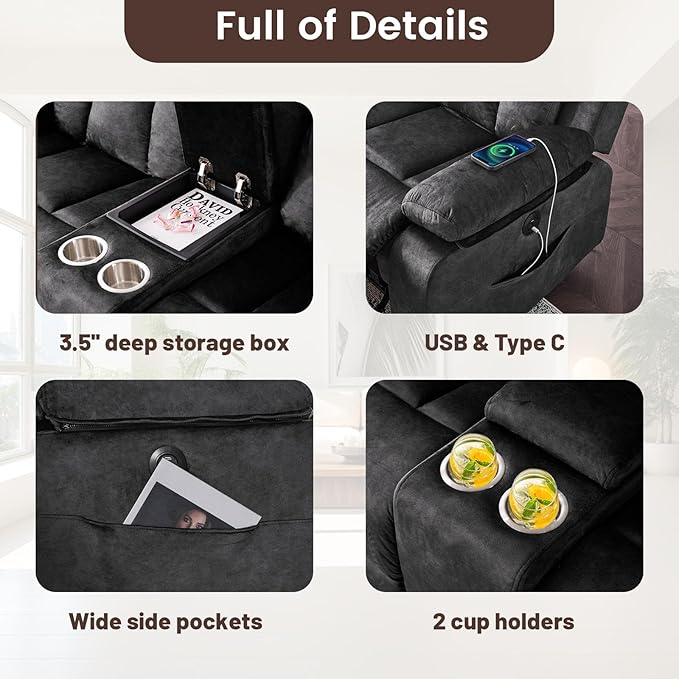 Power Reclining Loveseat with Console, Electric Double Recliner with USB/Type C/Side Pocket/Cup Holders, RV Recliners Wall Hugger Reclining Loveseat for Living Room & RV & Home Theater