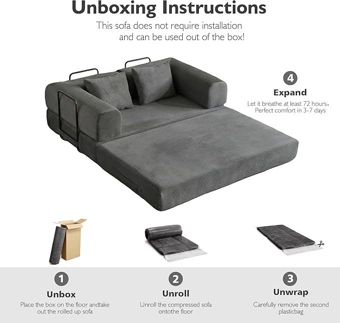 59in Convertible Sofa Bed, Corduroy Boneless Couch Bed, Futon Sleeper Sofa Pull Out Bed, Foldable Couch for Living Room Apartment, No Assembly Required