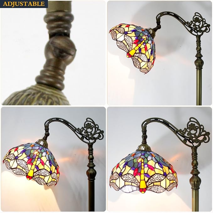 WERFACTORY Tiffany Floor Lamp Sea Blue Yellow Stained Glass Dragonfly Arch Lamp 12X18X64 Inch Gooseneck Adjustable Corner Stand Reading Light Decor Bedroom Living Room S128 Series