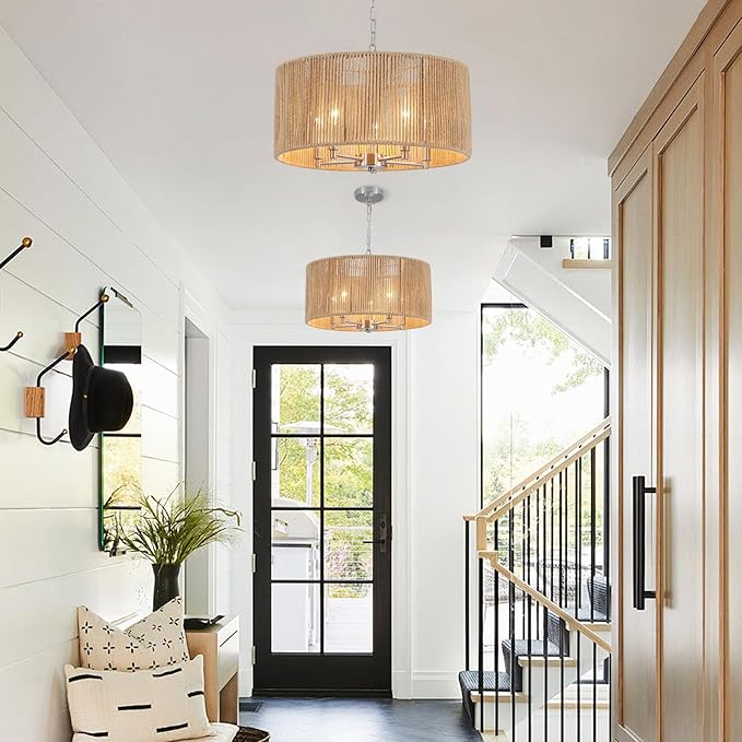Boho Large Rattan Chandelier, 5-Lights Woven Pendant Lights Fixture, 19" Dining Room Lighting Fixture Farmhouse Nickel Vintage Chandeliers Hanging Light for Living Room Kitchen Entryway Hallway Foyer