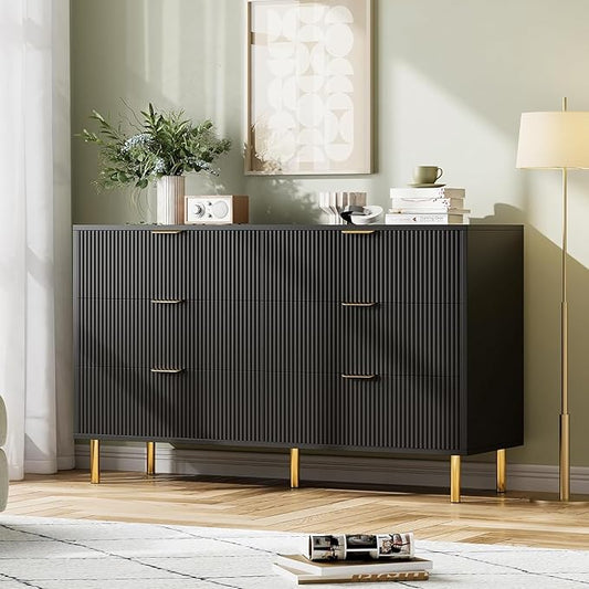 IDEALHOUSE Black Dresser, Modern 6 Drawer Dresser for Bedroom with Gold Handle and Large Drawer, Wood Double Chest of Drawers and Storage Organizer for Living Room, Hallway, Entryway