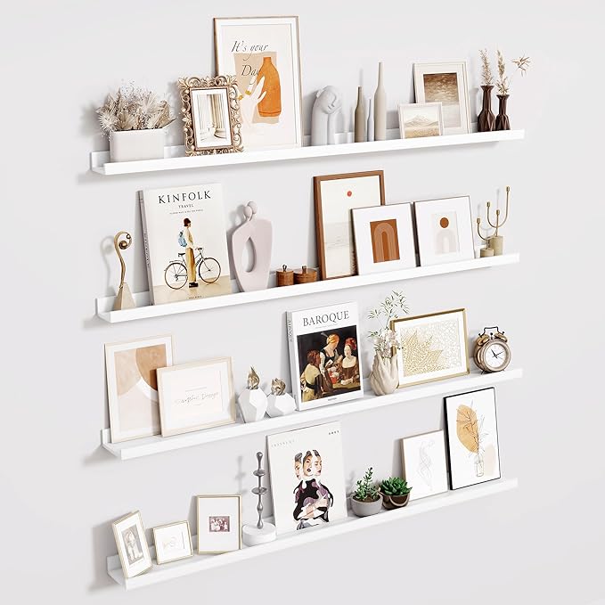 Fun Memories Picture Ledge Shelves Set of 4-48 Inch Shelves with Lip - Large Nursery Bookshelf for Storage - Floating Shelf Wall Mounted for Living Room - Bedroom -Kitchen - White Color