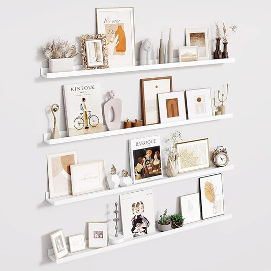 Fun Memories Picture Ledge Shelves Set of 4-48 Inch Shelves with Lip - Large Nursery Bookshelf for Storage - Floating Shelf Wall Mounted for Living Room - Bedroom -Kitchen - White Color
