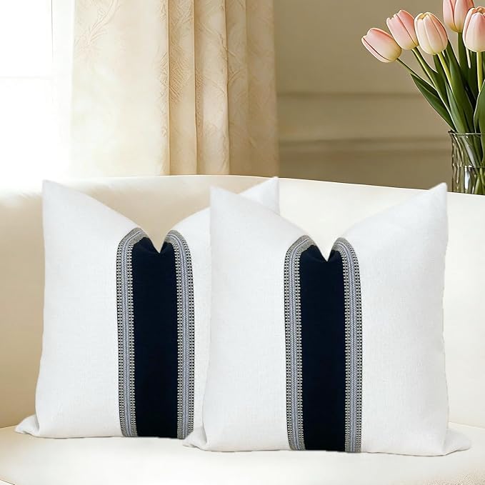 Slow Cow Pack of 2 Linen Decorative Off White and Black Patchwork Throw Pillow Covers Textured Cushion Covers for Couch Sofa Square 16 x 16 Inches