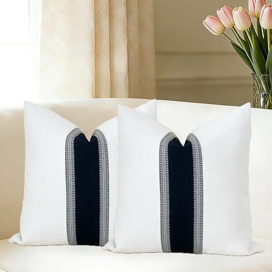 Slow Cow Pack of 2 Linen Decorative Off White and Black Patchwork Throw Pillow Covers Textured Cushion Covers for Couch Sofa Square 16 x 16 Inches