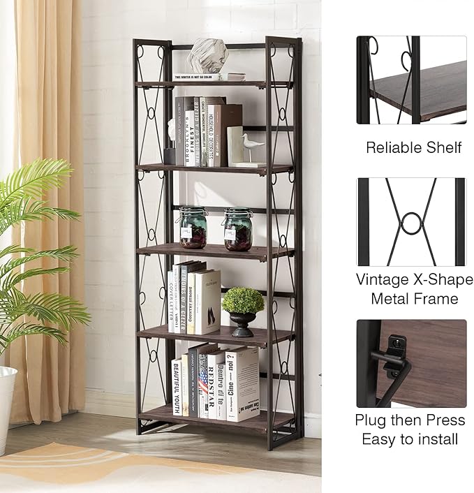 VECELO Folding Bookshelf, 5 Shelf Folding Bookcase No Assembly, Industrial Metal Freestanding Shelves Rack Organizer for Living Room, Office, Bedroom, Kitchen
