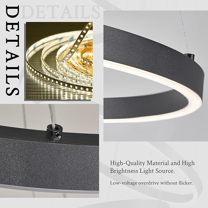 Modern LED Chandelier 7-Ring Chandeliers High Ceiling Black 31" Large Foyer Chandeliers Dimmable Luxury Contemporary Chandelier Light for Living Room Staircase Entryway, 3000K-6500K