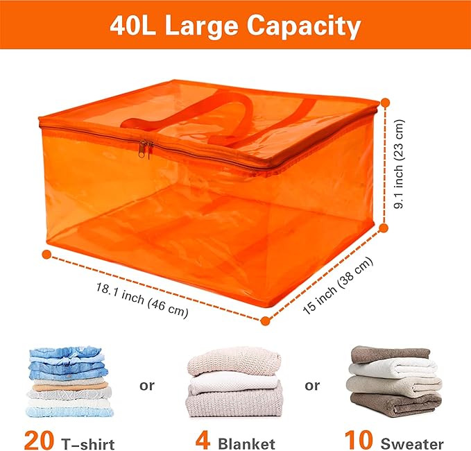 Vieshful Orange 40L Clear Clothes Storage Bag Colorful Clothes Organizer with Zipper Vinyl Storage Bag for Comforter, Blanket, Bedding, Duvet, Transparent Moving Totes 3 Pack