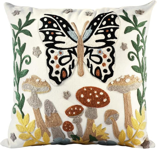 Embroidered Throw Pillow Cover - 20x20 Decorative Pillow Cover with Zipper Aesthetic Cute Design Boho Spring Summer Throw Pillowcase for Living Room Couch Sofa Bed, Butterfly Moon