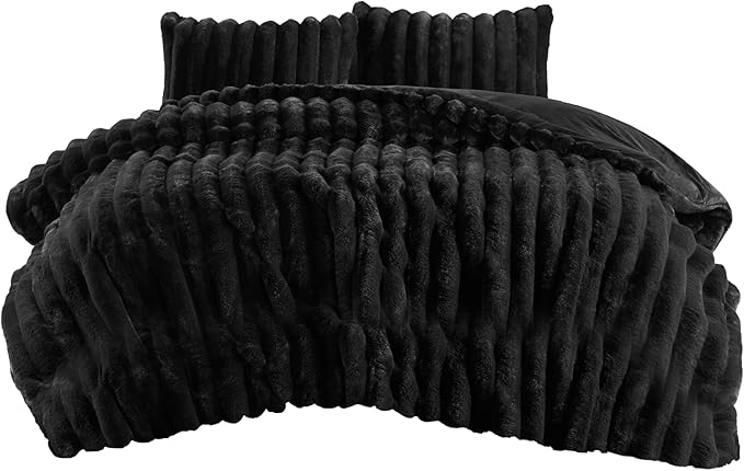 Madison Park Jasmine King Comforter Set, Luxurious Reversible Faux Fur Plush Ribbed Velvet Bedding, Fuzzy Thick Warm Winter Comforter, Super Soft Fluffy 3-Piece Set Black