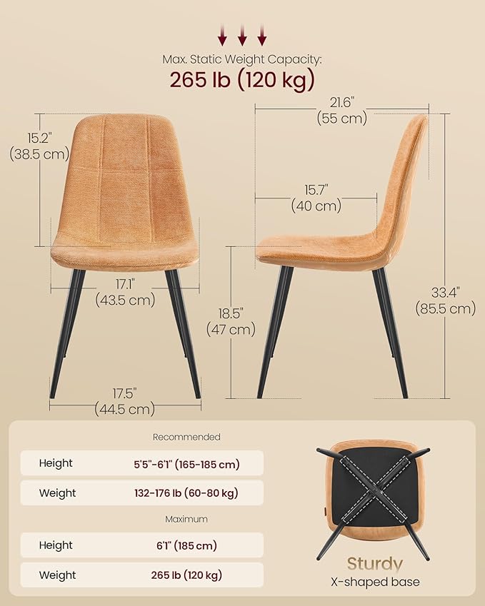 VASAGLE Set of 6 Dining Chairs, Dining Room Kitchen Chairs, Metal Frame, Adjustable Feet, Easy to Clean, Chenille Fabric, Glacier-Textured Synthetic Leather, Caramel Brown UKDC187K01-3J