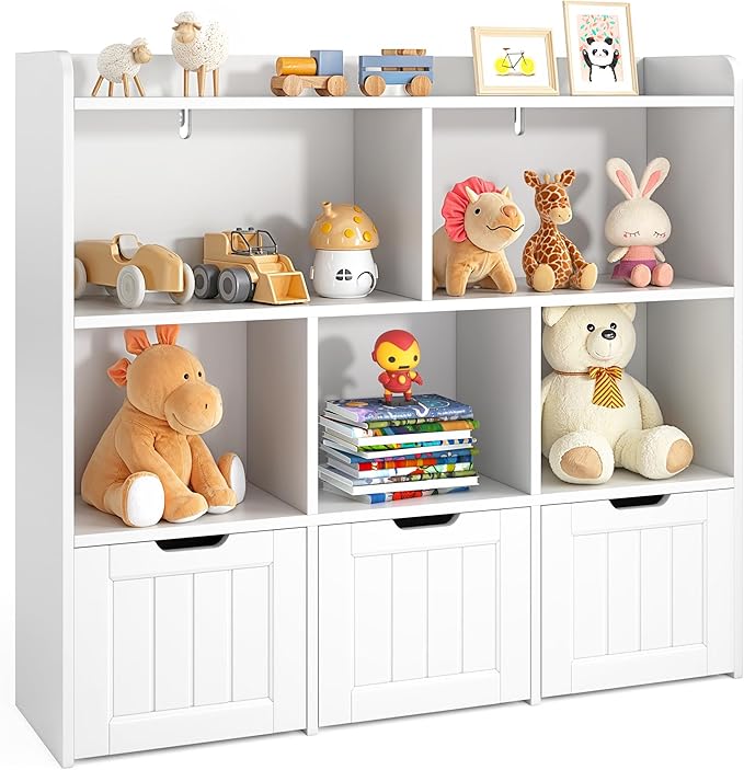 Gizoon Toy Storage Cabinet and Kids Bookcase with 3 Movable Drawers and 6 Open Shelves Featuring Fall Prevention Barrier for Playroom Nursery Kids Room Organization, White