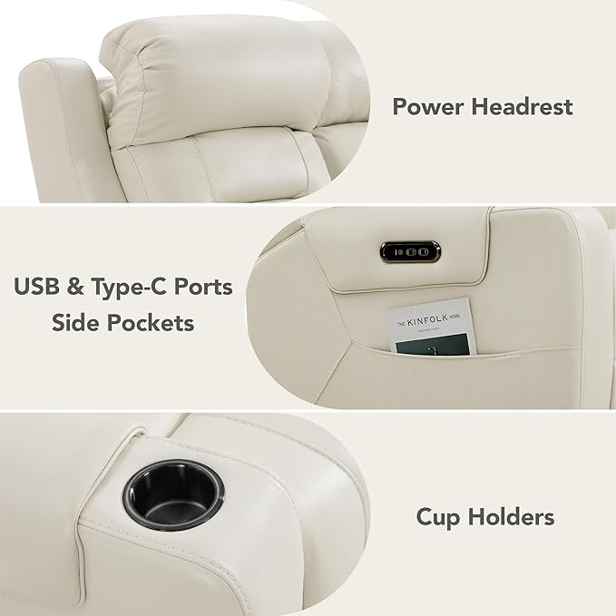 Watson & Whitely Genuine Leather Power Reclining Sofa, 3-Seater Lay Flat Recliner Sofa with Power Headrest, Cup Holders, USB & Type-C Ports, Electric Reclining Couch for Living Room, Cream