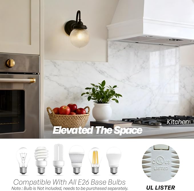 Curved Arm Wall Sconce Lighting with Clear Ribbed Glass Globe Shade, Vintage Brass Bathroom Wall Light Fixtures for Kitchen Living Room Bedroom Farmhouse