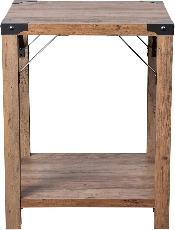 Flash Furniture Wyatt Modern Farmhouse 2 Tier Side Table - Rustic Oak Engineered Wood Frame - Black Metal Crisscross Side Braces and Corner Accents