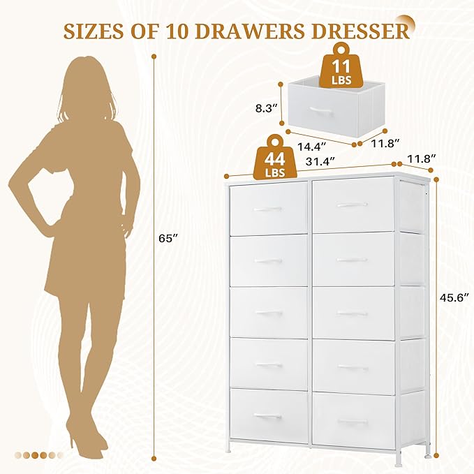 10-Drawer Fabric Dresser, Chest of Drawers Clothes Cabinet for Closet & Bedroom, Storage Organizer with Steel Frame for Entryway, Dorm, Living Room, White