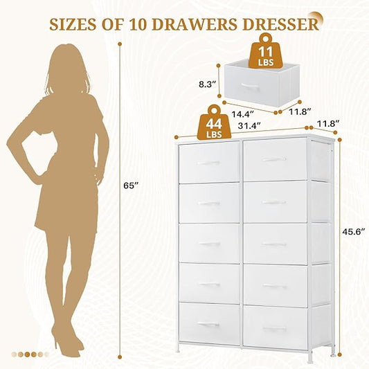 10-Drawer Fabric Dresser, Chest of Drawers Clothes Cabinet for Closet & Bedroom, Storage Organizer with Steel Frame for Entryway, Dorm, Living Room, White