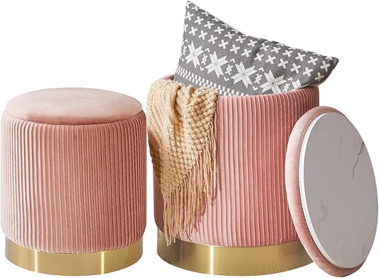 IBUYKE Round Storage Ottoman Set of 2 Ottoman for Dorm Vanity Stool with Storage Velvet FootStools End Table Boucle Ottoman for Home Organization Pink UWBD016P