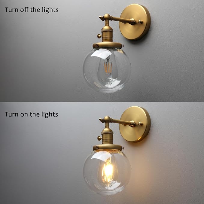 PERMO Vintage Wall Sconce Industrial Lighting Fixture with 5.9" Round Clear Glass Globe Hand Blown Shade (Antique)