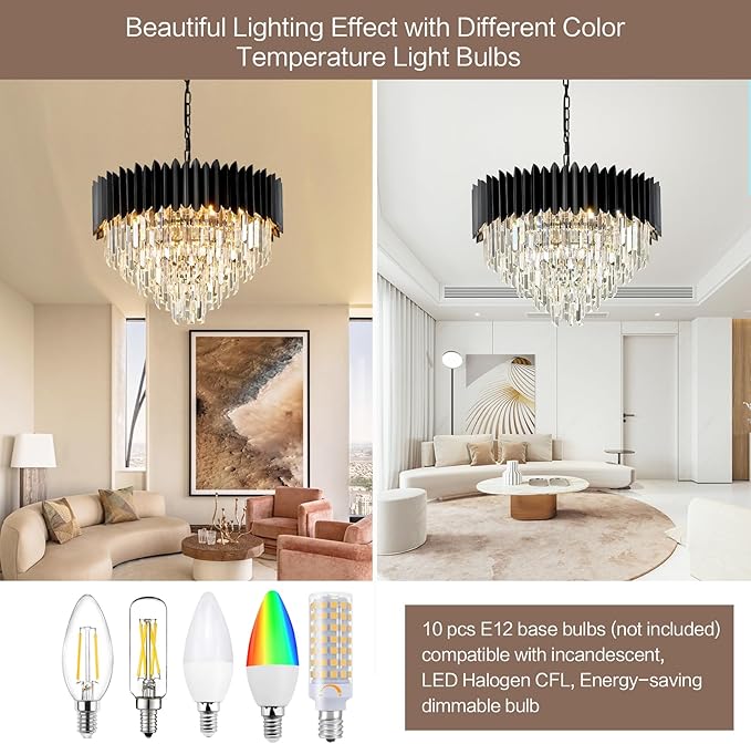 24" Modern Black Crystal Chandeliers 5-Tier 10 Lights Ceiling Light Fixture K9 Crystal Hanging Pendant Ceiling Light for Dining Room Living Room Bedroom Entryway
