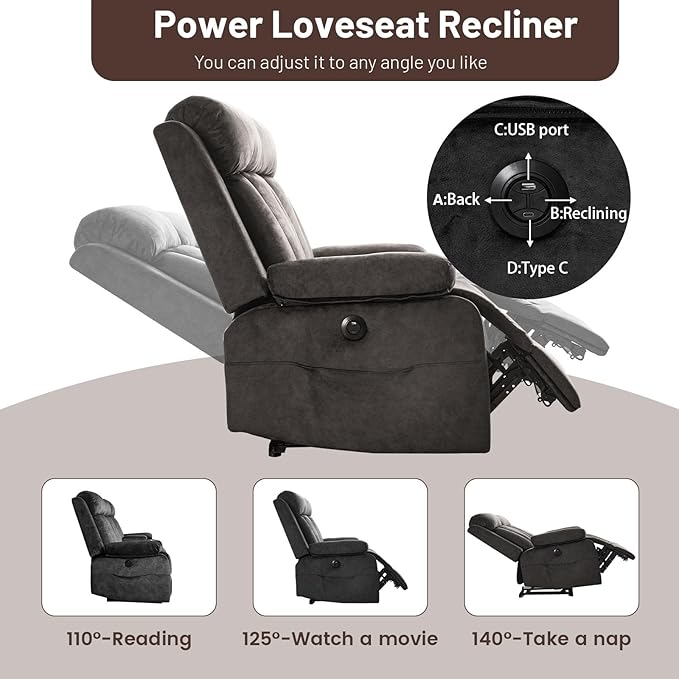 Power Reclining Loveseat with Console, Electric Double Recliner with USB/Type C/Side Pocket/Cup Holders, RV Recliners Wall Hugger Reclining Loveseat for Living Room & RV & Home Theater