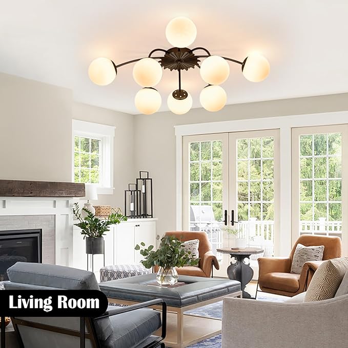 8-Light Milk Glass Pendant Light, 33" Sputnik Bubble Glass Chandelier Light Fixture, Hand Blown Semi Flush Mount Ceiling Chandeliers Lighting for Dining Room, Living Room (Black, 8-Light Ceiling)