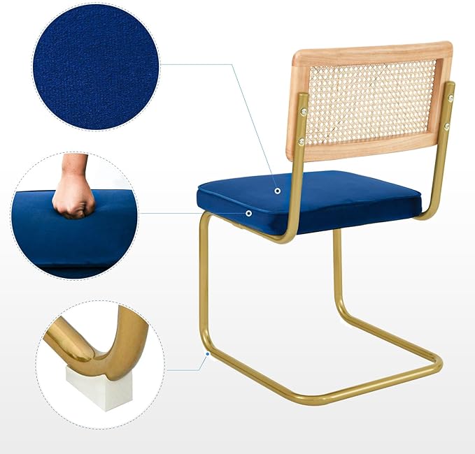 CangLong Velvet Dining Chairs Set of 2, Rattan Dining Chairs with Metal Legs & Natural Mesh Rattan Backrest, Armless Accent Chairs with Upholstered Cushion for Kitchen, Living Room, Blue