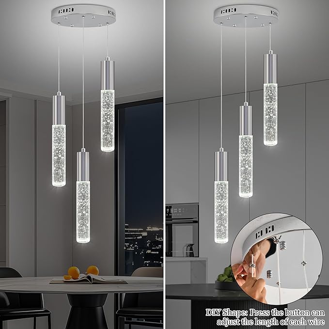Modern Crystal Chandelier for Kitchen Island 3-Lights, Elegant Chrome LED Bubble Pendant Lighting Fixture for Dining Room Bedroom Entryway