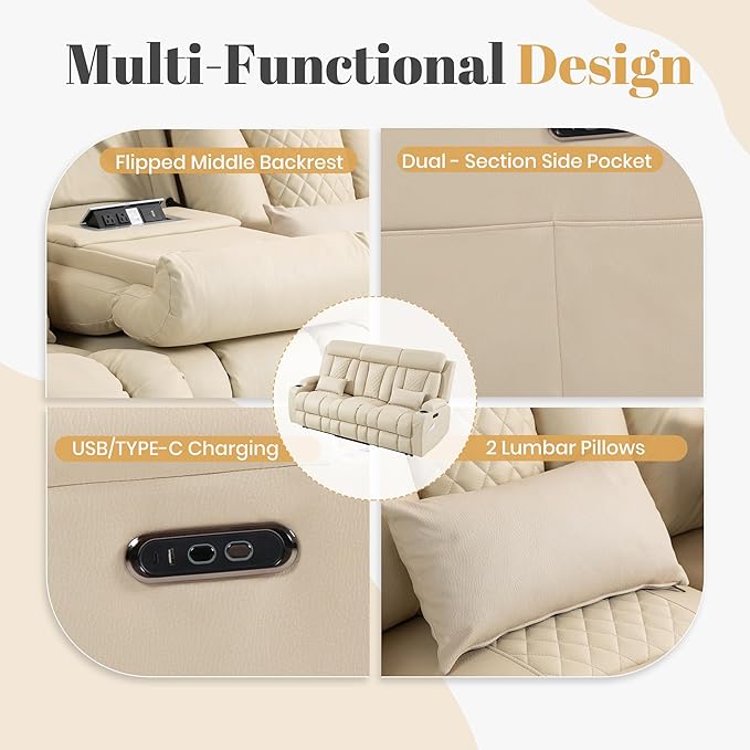 2-Piece Power Reclining Sofa Set, 3-Seater Sofa with Drop-Down Console & 2-Seater Loveseat, Zero Wall Hugger Electric Recliner Couch with Adjustable Headrest, AC Outlets (Beige, 3 Seat)