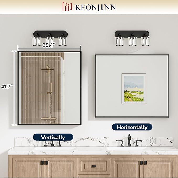 Keonjinn 42 x 36 Inch Brushed Nickel Bathroom Mirrors for Over Sink, Beveled Rectangle Framed Mirrors for Wall, Farmhouse Bathroom Vanity Mirror, Square Corner, Hangs Horizontally or Vertically