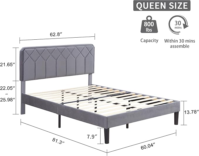 VECELO Queen Size Bed Frame, Velvet Upholstered Platform with Adjustable Headboard, Mattress Foundation with Solid Wood Slats, No Box Spring Needed, Easy Assembly