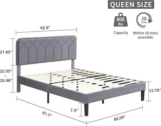 VECELO Queen Size Bed Frame, Velvet Upholstered Platform with Adjustable Headboard, Mattress Foundation with Solid Wood Slats, No Box Spring Needed, Easy Assembly