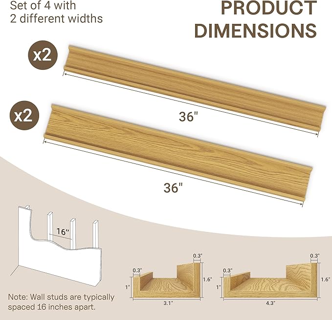 Fun Memories 36 Inch Floating Shelves for Wall - Wall Shelves with Lip Set of 4 - Nursery Bookshelf for Storage - Picture Ledge Shelf for Bedroom - Living Room - Kitchen - Oak Color