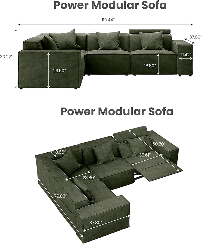 110" Power Sofa L-Shaped Couch,Modular Sectional Couches for Living Room,Modern Large Sofa with Recliners,Comfy Velvet Cloud Couch with Deep Seat,Pet Friendly for Home Office(Green)