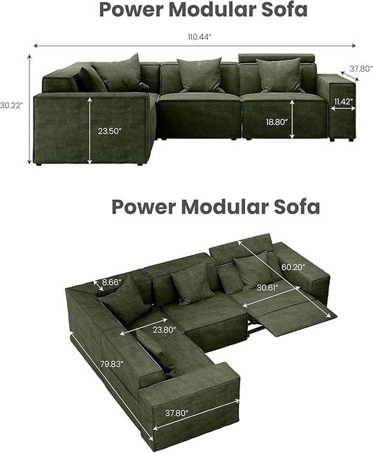 110" Power Sofa L-Shaped Couch,Modular Sectional Couches for Living Room,Modern Large Sofa with Recliners,Comfy Velvet Cloud Couch with Deep Seat,Pet Friendly for Home Office(Green)