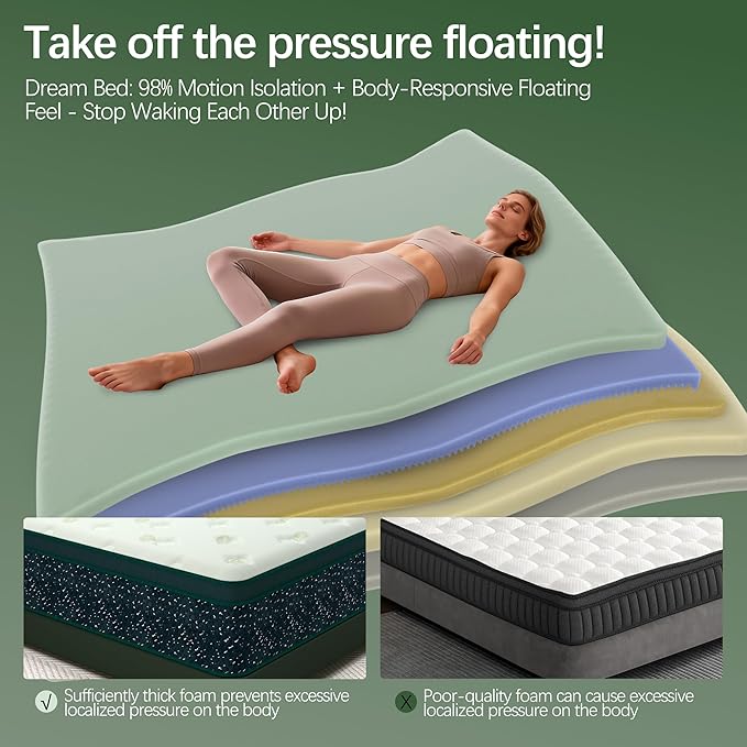 12 inch Queen Mattress,Hybrid Mattress in a Box,Queen Size Gel Memory Foam Mattress Individually Pocket Springs Pressure Relief & Motion Isolation CertiPUR-US Certified,Green