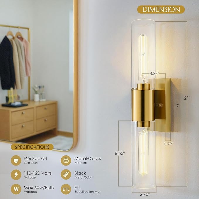 21" Brushed Gold Bathroom Light Fixtures Over Mirror,2-Light Gold Vanity Lights,Hardwired Vanity Lighting Fixtures Bathroom Lighting Fixtures Over Mirror for Bath Room E26 T10 Bulbs(Excluded)