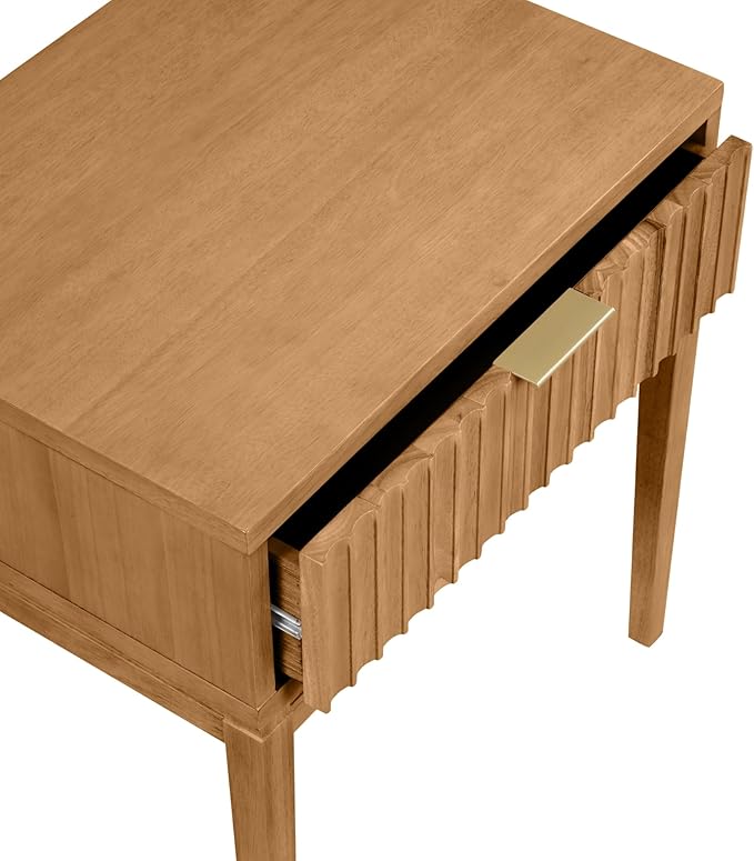 Nathan James Jasper Mid-Century Modern Nighstand, Side Table with Storage and Fluted Drawer Doors with Brass Handles, Natural Brown
